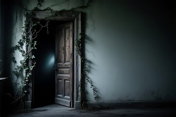 Obraz premium An ancient, heavy wooden door, slightly ajar, opening into absolute darkness. Creeping vines on the doorframe.