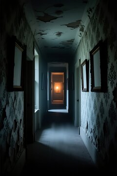 Atmospheric, creepy, A long, dark, ominous hallway inside a haunted mansion. Ornate, peeling wallpaper.