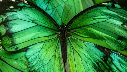 Vibrant green butterfly wings close-up