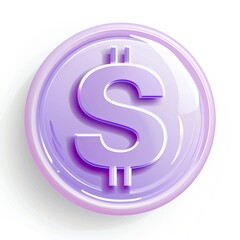 Naklejka premium A digital illustration of a lilac coin featuring a raised, embossed dollar sign. The coin has a glossy, three-dimensional appearance, cast on a white background