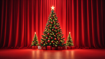 Festive Christmas Scene with Decorated Trees and Red Curtain Backdrop Perfect for Holiday Celebrations and Winter Season Greetings