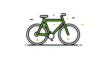 A minimalist line drawing of a bright green bicycle on a white background, featuring thin black outlines, small green dots, and a simple, flat style