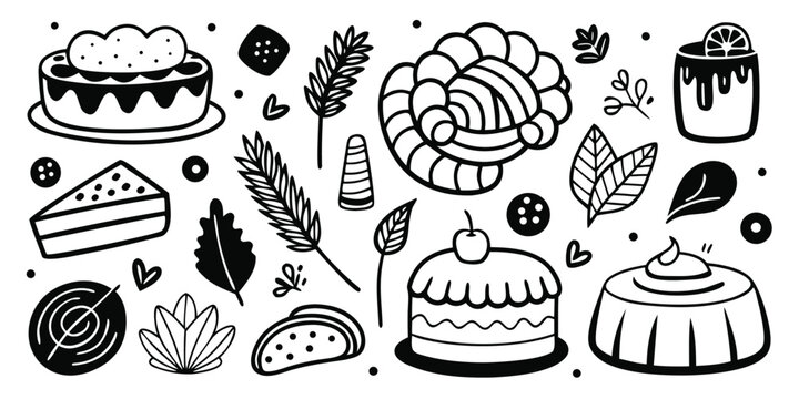 Artistic desserts and sweets collection with cakes pastries and treats hand drawn elements