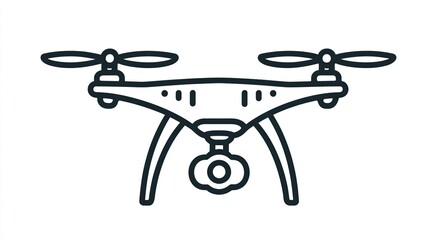 A line-art illustration of a quadcopter drone, featuring four rotors, a central body, and an underslung camera.  The design is simple and clean, emphasizing the drone's key components