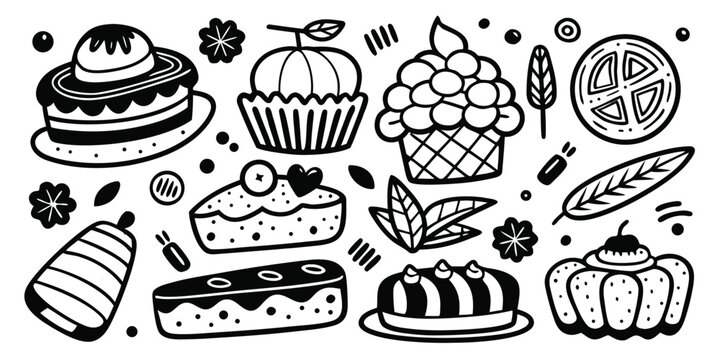 Hand drawn delicious sweet desserts collection cake cupcake slice pie and more