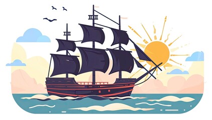 A three-masted black-sailed galleon sails majestically on a calm sea under a bright sun, with distant hills and a few birds in the sky, creating a vivid seascape