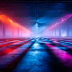 A mesmerizing view of an empty rave venue, illuminated by colorful lights and smoky ambiance, evoking anticipation and nostalgia.