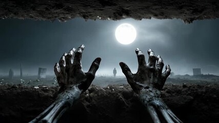 Graveyard scene with a full moon and ghostly hands reaching up during Halloween night

