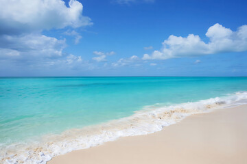 Fototapeta premium Idyllic Tropical Beach Scene with Turquoise Water and Clear Blue Sky Perfect for Relaxation and Vacation Getaways