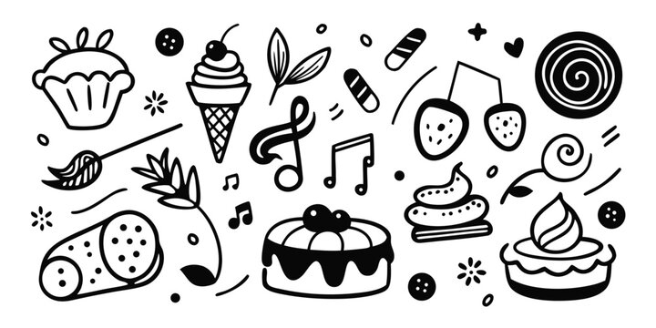 Whimsical hand drawn dessert collection cupcakes ice cream cakes and candy treats
