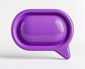 A vibrant purple, glossy speech bubble, rendered in 3D, sits against a stark white background, exhibiting a subtle shadow for depth