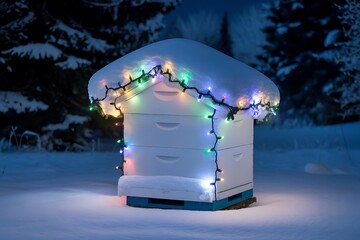 A Festive Winter Scene: A Snow-Covered Beehive Adorned with Colorful Christmas Lights in a Snowy, Nighttime Setting