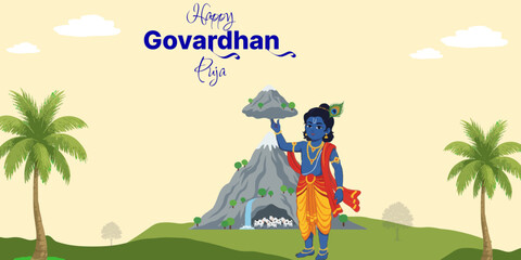 Happy Govardhan Puja Festival Annakut Indian Krishna Sacred Tradition Hindu Worship Ceremony Devotion Nature Mountain Celebration Spiritual Art