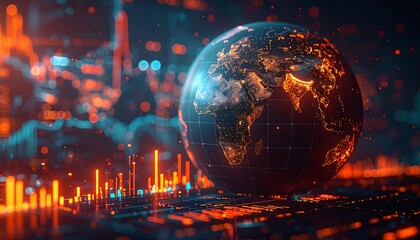 Futuristic Digital Globe Over a Glowing Cityscape Data Visualization.
