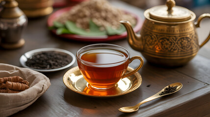 Fototapeta premium Traditional Chai Tea with Sugar Crystals and Spices in Authentic Street Stall Setting