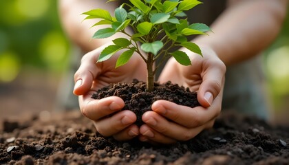 caring hands planting young green tree into fresh soil