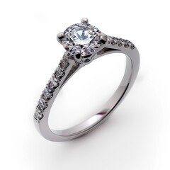 Solitaire diamond ring with pave-set diamonds on the band, elegant and simple design, showcased on a white background