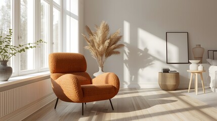 cozy modern living space with armchair and natural sunlight