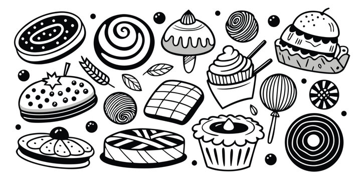 Hand drawn assortment of delicious desserts cookies cakes and sweets in black and white sketch style