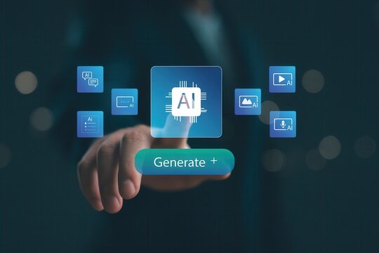 AI content generation platform with futuristic interface,virtual tool for creating text,image,code and media,advanced artificial intelligence productivity enhancement