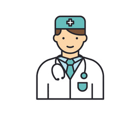Fototapeta premium A flat vector icon of a male doctor wearing a lab coat, surgical cap, and a stethoscope on a white background.
