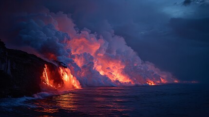 Lava flows into the ocean at night creating steam and fiery glow.