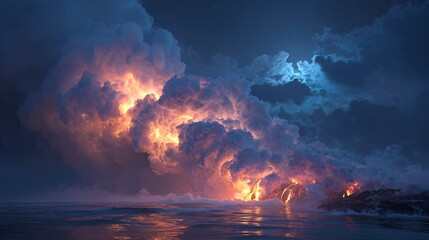 Dramatic sky with dark clouds and bright orange light reflecting on water.