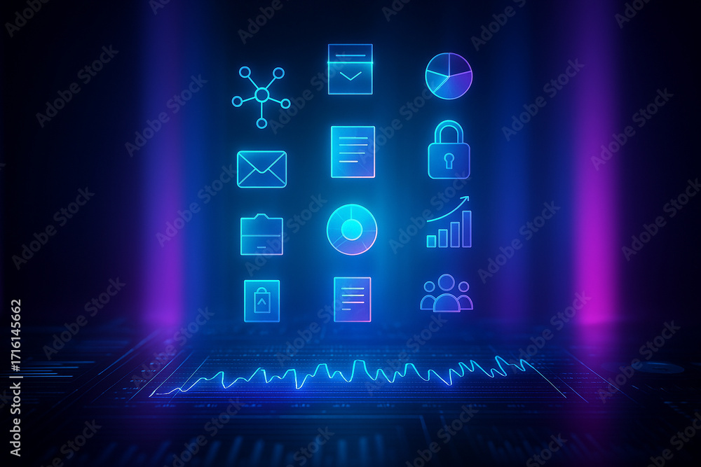 Poster ai generated futuristic hologram digital icons interface with glowing technology symbols representin