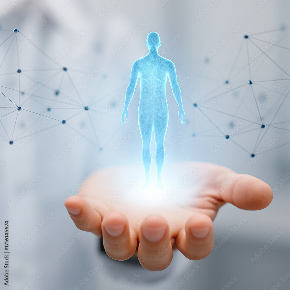 Poster ai generated futuristic medical visualization showing a glowing human hologram held above a hand wit