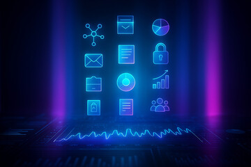 AI generated futuristic hologram digital icons interface with glowing technology symbols representing data security communication business growth and innovation