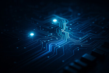AI generated futuristic cyber tech visualization with glowing blue circuit lines symbolizing digital data flow connectivity and advanced artificial intelligence network