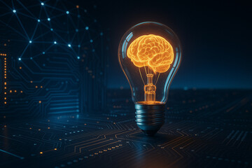 AI generated conceptual digital art of glowing brain inside light bulb symbolizing innovation creativity and futuristic technology with cyber circuit background