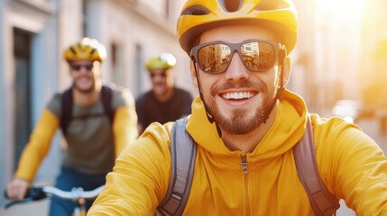 Happy Cyclist in Yellow Jacket Riding with Friends in Urban Setting