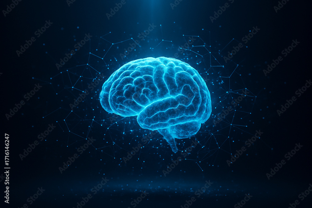 Poster ai generated digital brain glowing in blue light surrounded by data particles symbolizing neuroscien