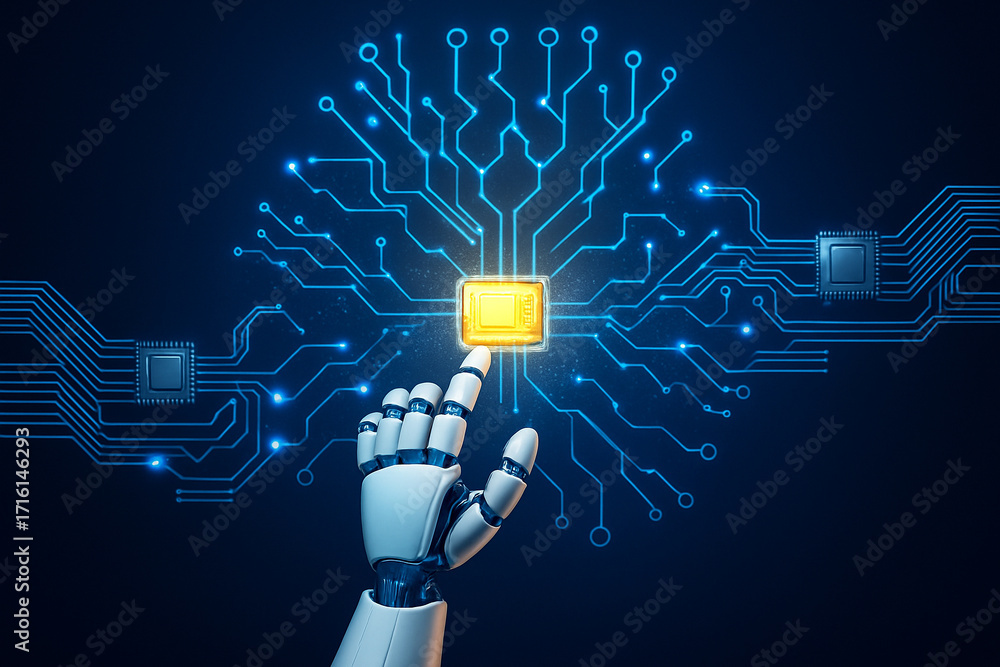 Poster ai generated robotic hand touching glowing microchip on digital circuit board symbolizing artificial