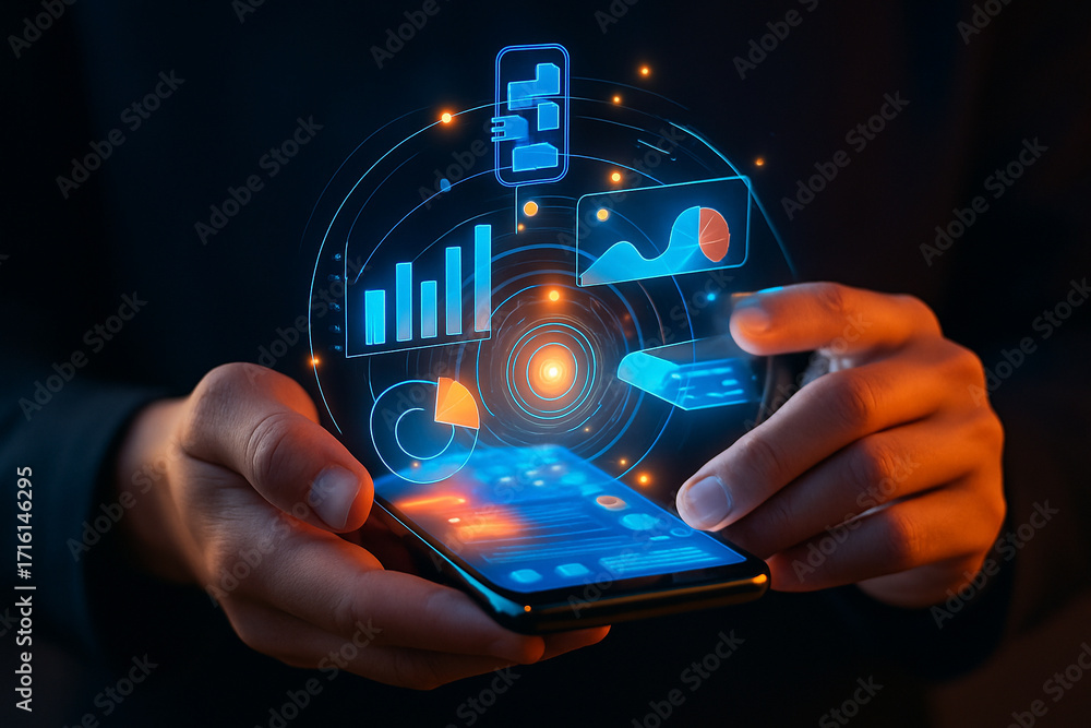 Poster ai generated futuristic mobile technology visualization of holographic data charts and digital inter
