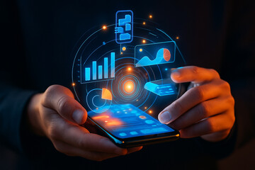 AI generated futuristic mobile technology visualization of holographic data charts and digital interface emerging from smartphone symbolizing innovation analytics and connectivity