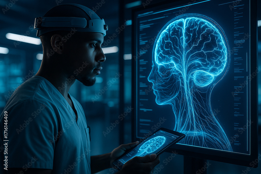 Poster ai generated futuristic medical visualization showing a doctor with neuro interface headset analyzin