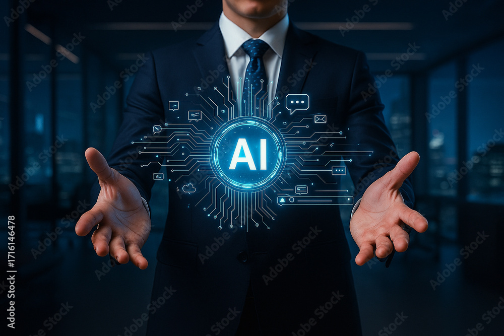Poster ai generated digital artwork showing businessman with glowing ai hologram surrounded by futuristic d