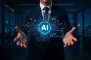 AI generated digital artwork showing businessman with glowing AI hologram surrounded by futuristic data lines and icons representing innovation and artificial intelligence