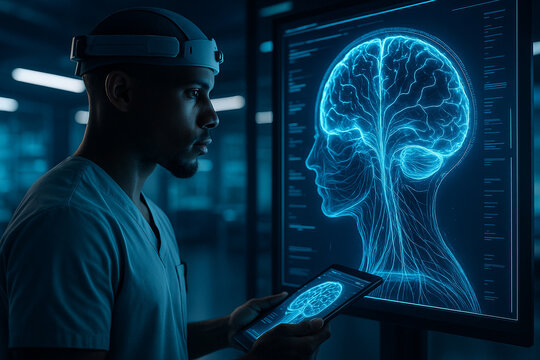 AI generated futuristic medical visualization showing a doctor with neuro interface headset analyzing a glowing digital brain hologram with advanced neural data
