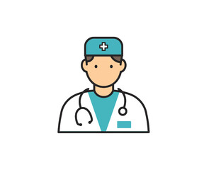 A flat vector icon of a male doctor wearing a lab coat, surgical cap, and a stethoscope on a white background.