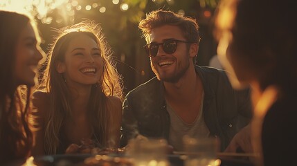 Happy young adults laughing and enjoying food outdoors during golden hour