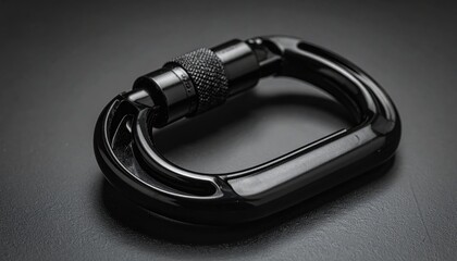 Black Metal Carabiner with Locking Mechanism Close Up on a Dark Background with Subtle Lighting Industrial Safety Equipment and Climbing Gear