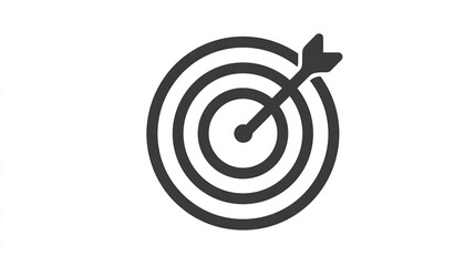 A simple grayscale icon depicts an arrow striking the bullseye of a concentric-circle target.  It symbolizes accuracy, precision, and goal achievement