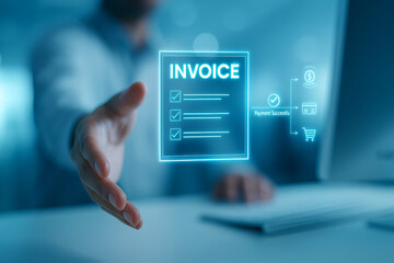 Futuristic digital invoice icon with successful payment confirmation. Modern fintech and online billing transaction technology for corporate finance management.