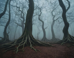 Evil crooked trees deep in fantasy forest with twisted roots and bare branches, foggy eerie landscape,, tree in the fog, horror scene background