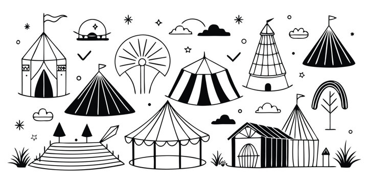 Collection of hand-drawn carnival and festival tents featuring various designs and elements