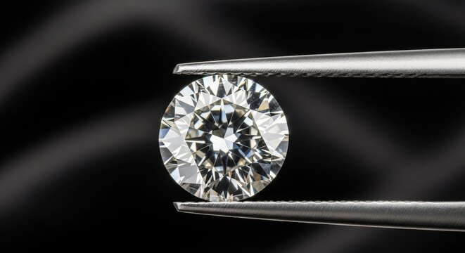 Stunning Round Brilliant Cut Diamond Gemstone Held by Tweezers Showing Exquisite Sparkle and Clarity