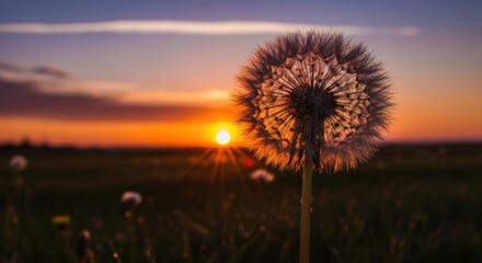 Fototapeta premium Dandelion Seed Head Silhouetted Against a Vibrant Sunset Sky in a Field